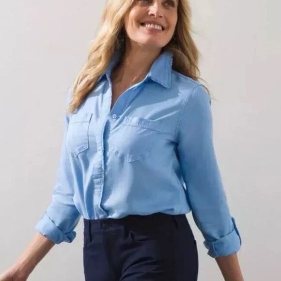 Chico's Touch of Cool Fringe Denim Long Sleeve Roll Tab Shirt Blue Size 1 M Top - Picture 1 of 10